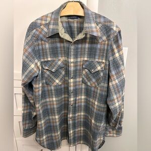Pendleton Wool Western Large Long Gray Blue Shirt VINTAGE